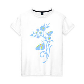 Женская футболка хлопок с принтом Бабочки на цветке в Тюмени, 100% хлопок | прямой крой, круглый вырез горловины, длина до линии бедер, слегка спущенное плечо | 