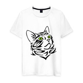 Мужская футболка хлопок с принтом Узор - кот в Тюмени, 100% хлопок | прямой крой, круглый вырез горловины, длина до линии бедер, слегка спущенное плечо. | глаза | киска | кот с зеленными глазами | кошки | силуэт  кота | узор   кот