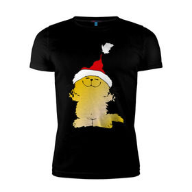Мужская футболка премиум с принтом Кот в красной шапке в Тюмени, 92% хлопок, 8% лайкра | приталенный силуэт, круглый вырез ворота, длина до линии бедра, короткий рукав | золотой котик | идеи подарков | кот в красной шапке | кот в новогодней шляпе | новый год