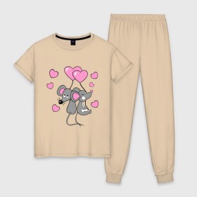 Женская пижама хлопок с принтом Влюбленные мышкі в Тюмени, 100% хлопок | брюки и футболка прямого кроя, без карманов, на брюках мягкая резинка на поясе и по низу штанин | влюбленные мышка | девушкам | красивые рисунки | мышки | сердечки