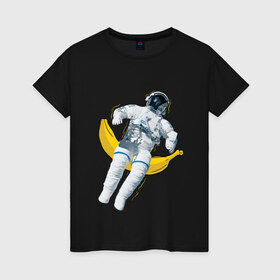 Женская футболка хлопок с принтом Космонавт в Тюмени, 100% хлопок | прямой крой, круглый вырез горловины, длина до линии бедер, слегка спущенное плечо | банан
