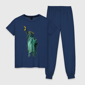Женская пижама хлопок с принтом Статуя свободы в Тюмени, 100% хлопок | брюки и футболка прямого кроя, без карманов, на брюках мягкая резинка на поясе и по низу штанин | Тематика изображения на принте: банан