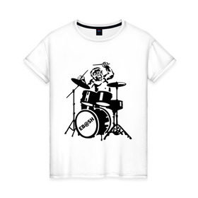 Женская футболка хлопок с принтом Обезьяна с барабанами в Тюмени, 100% хлопок | прямой крой, круглый вырез горловины, длина до линии бедер, слегка спущенное плечо | барабан | музыка | обезьяна с барабанами | разное