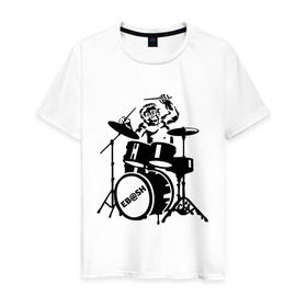 Мужская футболка хлопок с принтом Обезьяна с барабанами в Тюмени, 100% хлопок | прямой крой, круглый вырез горловины, длина до линии бедер, слегка спущенное плечо. | барабан | музыка | обезьяна с барабанами | разное