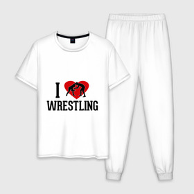 Мужская пижама хлопок с принтом I love wrestling в Тюмени, 100% хлопок | брюки и футболка прямого кроя, без карманов, на брюках мягкая резинка на поясе и по низу штанин
 | i love wrestling | греко   римская борьба | любовь к спорту | сердце | спорт