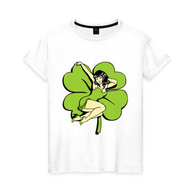 Женская футболка хлопок с принтом Девушка и Четырехлистный клевер в Тюмени, 100% хлопок | прямой крой, круглый вырез горловины, длина до линии бедер, слегка спущенное плечо | девушка в зеленом | девушка и четырехлистный клевер | клевер | прикольные картинки | фея