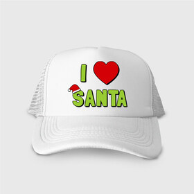Кепка тракер с сеткой с принтом I love santa в Тюмени, трикотажное полотно; задняя часть — сетка | длинный козырек, универсальный размер, пластиковая застежка | i love santa (glow) | новый год | падарки | праздник | рождество | я люблю новый год