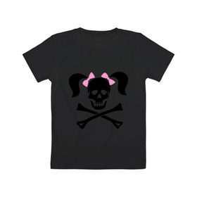 Детская футболка хлопок с принтом Девочка пиратка в Тюмени, 100% хлопок | круглый вырез горловины, полуприлегающий силуэт, длина до линии бедер | Тематика изображения на принте: бантики | девочка | череп | череп с  хвостиками | череп с бантиками