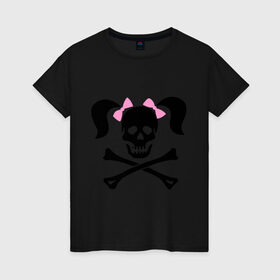 Женская футболка хлопок с принтом Девочка пиратка в Тюмени, 100% хлопок | прямой крой, круглый вырез горловины, длина до линии бедер, слегка спущенное плечо | бантики | девочка | череп | череп с  хвостиками | череп с бантиками