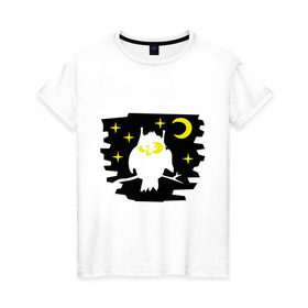 Женская футболка хлопок с принтом Сова в ночном небе в Тюмени, 100% хлопок | прямой крой, круглый вырез горловины, длина до линии бедер, слегка спущенное плечо | сова