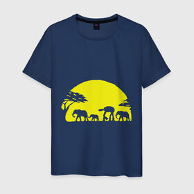 Мужская футболка хлопок с принтом Слоники в Тюмени, 100% хлопок | прямой крой, круглый вырез горловины, длина до линии бедер, слегка спущенное плечо. | Тематика изображения на принте: африканский | африканское солнце | животные | слоны  на фоне солнца | солнце | этнический