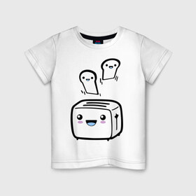 Детская футболка хлопок с принтом Позитивный тостер в Тюмени, 100% хлопок | круглый вырез горловины, полуприлегающий силуэт, длина до линии бедер | Тематика изображения на принте: бутерброд | гренки | еда | позитив | позитивный тостер | смайл | тостер | хлеб