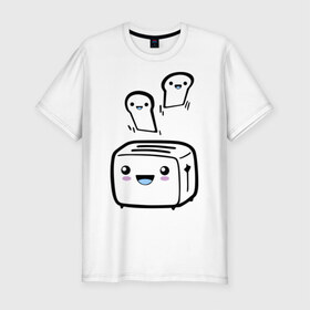 Мужская футболка премиум с принтом Позитивный тостер в Тюмени, 92% хлопок, 8% лайкра | приталенный силуэт, круглый вырез ворота, длина до линии бедра, короткий рукав | Тематика изображения на принте: бутерброд | гренки | еда | позитив | позитивный тостер | смайл | тостер | хлеб