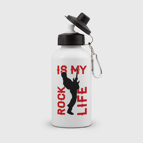 Бутылка спортивная с принтом Rock is my life (Рок-это моя жизнь) в Тюмени, металл | емкость — 500 мл, в комплекте две пластиковые крышки и карабин для крепления | rock | рок