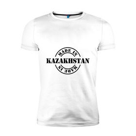 Мужская футболка премиум с принтом Made in Kazakhstan (Сделано в Казахстане) в Тюмени, 92% хлопок, 8% лайкра | приталенный силуэт, круглый вырез ворота, длина до линии бедра, короткий рукав | Тематика изображения на принте: made in kazakhstan | разное | сделано в казахстане | туристические