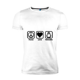 Мужская футболка премиум с принтом Peace Love Penguins (мир, любовь, пингвины) в Тюмени, 92% хлопок, 8% лайкра | приталенный силуэт, круглый вырез ворота, длина до линии бедра, короткий рукав | peace love penguins | животные | любовь | мир | пингвины