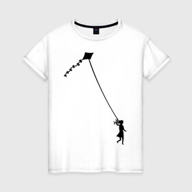 Женская футболка хлопок с принтом Девочка с воздушным змеем в Тюмени, 100% хлопок | прямой крой, круглый вырез горловины, длина до линии бедер, слегка спущенное плечо | 
