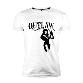 Мужская футболка премиум с принтом Outlaw (вне закона) в Тюмени, 92% хлопок, 8% лайкра | приталенный силуэт, круглый вырез ворота, длина до линии бедра, короткий рукав | outlaw | вне закона | выстрел | девушка | оружие | прикольные картинки