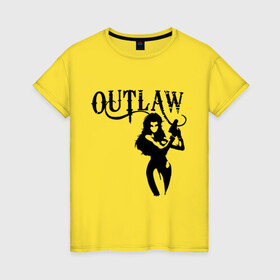 Женская футболка хлопок с принтом Outlaw (вне закона) в Тюмени, 100% хлопок | прямой крой, круглый вырез горловины, длина до линии бедер, слегка спущенное плечо | outlaw | вне закона | выстрел | девушка | оружие | прикольные картинки