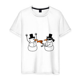 Мужская футболка хлопок с принтом Снеговик грабитель в Тюмени, 100% хлопок | прямой крой, круглый вырез горловины, длина до линии бедер, слегка спущенное плечо. | идеи подарков | с новым годом | снеговик грабитель | снеговики | снеговики бандиты | фен