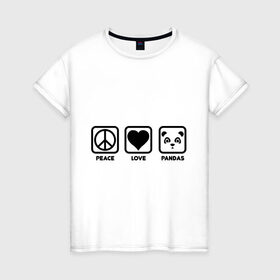 Женская футболка хлопок с принтом Peace Love Pandas (Мир, Любовь, Панды) в Тюмени, 100% хлопок | прямой крой, круглый вырез горловины, длина до линии бедер, слегка спущенное плечо | peace love pandas | животные | любовь | мир | панды | прикольные картинки