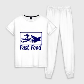 Женская пижама хлопок с принтом fast food - быстрая еда в Тюмени, 100% хлопок | брюки и футболка прямого кроя, без карманов, на брюках мягкая резинка на поясе и по низу штанин | fast food | fast food   быстрая еда | акула | быстрая еда | еда | прикольные картинки