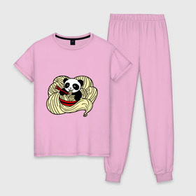 Женская пижама хлопок с принтом панда ест лапшу в Тюмени, 100% хлопок | брюки и футболка прямого кроя, без карманов, на брюках мягкая резинка на поясе и по низу штанин | панда