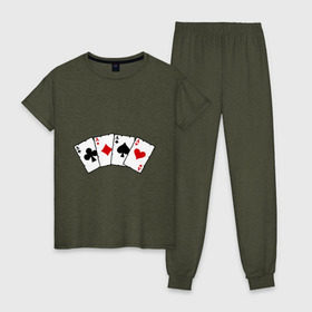 Женская пижама хлопок с принтом Четыре туза в Тюмени, 100% хлопок | брюки и футболка прямого кроя, без карманов, на брюках мягкая резинка на поясе и по низу штанин | игра | игральные карты | карты | покер | туз | тузы | четыре туза