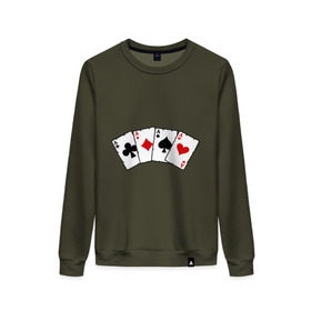 Женский свитшот хлопок с принтом Четыре туза в Тюмени, 100% хлопок | прямой крой, круглый вырез, на манжетах и по низу широкая трикотажная резинка  | игра | игральные карты | карты | покер | туз | тузы | четыре туза