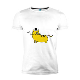 Мужская футболка премиум с принтом Кот аристократ в Тюмени, 92% хлопок, 8% лайкра | приталенный силуэт, круглый вырез ворота, длина до линии бедра, короткий рукав | Тематика изображения на принте: аристократ | желтый кот | кот | кот аристократ | котик | котяра | цилиндр