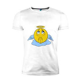 Мужская футболка премиум с принтом Ангел смайл в Тюмени, 92% хлопок, 8% лайкра | приталенный силуэт, круглый вырез ворота, длина до линии бедра, короткий рукав | smile. улыбка | ангел смайл | безумный смайл | позитив и смайлы | псих | смайл | смайлик