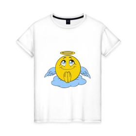 Женская футболка хлопок с принтом Ангел смайл в Тюмени, 100% хлопок | прямой крой, круглый вырез горловины, длина до линии бедер, слегка спущенное плечо | smile. улыбка | ангел смайл | безумный смайл | позитив и смайлы | псих | смайл | смайлик