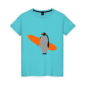 Женская футболка хлопок с принтом Пингвин с сёрфингом в Тюмени, 100% хлопок | прямой крой, круглый вырез горловины, длина до линии бедер, слегка спущенное плечо | пингвин