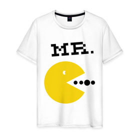 Мужская футболка хлопок с принтом Mистер Pac-Man (парная) в Тюмени, 100% хлопок | прямой крой, круглый вырез горловины, длина до линии бедер, слегка спущенное плечо. | 