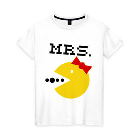 Женская футболка хлопок с принтом Миссис Pac-man (парная) в Тюмени, 100% хлопок | прямой крой, круглый вырез горловины, длина до линии бедер, слегка спущенное плечо | Тематика изображения на принте: 14 февраля | : парные | для двоих | миссис pac man
