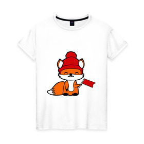 Женская футболка хлопок с принтом лисичка с флажком в Тюмени, 100% хлопок | прямой крой, круглый вырез горловины, длина до линии бедер, слегка спущенное плечо | лиса