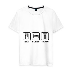 Мужская футболка хлопок с принтом Еда сон тренировки (Eat, Sleep, Train) в Тюмени, 100% хлопок | прямой крой, круглый вырез горловины, длина до линии бедер, слегка спущенное плечо. | eat | sleep | train | еда | сон | спорт | тренировки