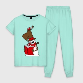 Женская пижама хлопок с принтом снеговик с книжкой в Тюмени, 100% хлопок | брюки и футболка прямого кроя, без карманов, на брюках мягкая резинка на поясе и по низу штанин | 