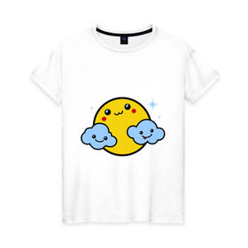 Женская футболка хлопок с принтом Солнышко с облаками в Тюмени, 100% хлопок | прямой крой, круглый вырез горловины, длина до линии бедер, слегка спущенное плечо | позитив и смайлы | прикольные картинки | солнышко с облаками
