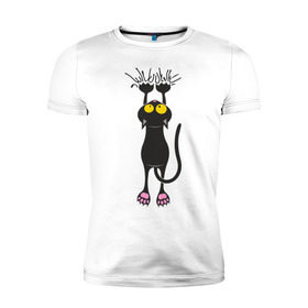 Мужская футболка премиум с принтом Висящий кот в Тюмени, 92% хлопок, 8% лайкра | приталенный силуэт, круглый вырез ворота, длина до линии бедра, короткий рукав | висящий кот | когти | котик | котяра | кошки | милый кот | повис | черный кот