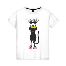 Женская футболка хлопок с принтом Висящий кот в Тюмени, 100% хлопок | прямой крой, круглый вырез горловины, длина до линии бедер, слегка спущенное плечо | Тематика изображения на принте: висящий кот | когти | котик | котяра | кошки | милый кот | повис | черный кот