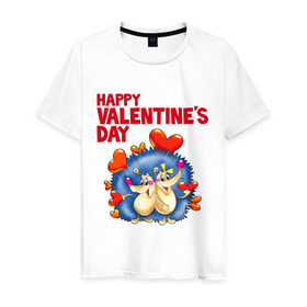 Мужская футболка хлопок с принтом Ёжики с сердечками в Тюмени, 100% хлопок | прямой крой, круглый вырез горловины, длина до линии бедер, слегка спущенное плечо. | влюбленные ежики | день святого валентина | ежики | ёжики с сердечками | идеи подарков | любовь | сердечки