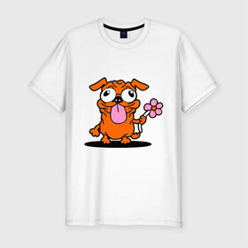 Мужская футболка премиум с принтом собачка с цветочком в Тюмени, 92% хлопок, 8% лайкра | приталенный силуэт, круглый вырез ворота, длина до линии бедра, короткий рукав | животное | любовь | милый песик | песик | собачка с цветочком | цветок