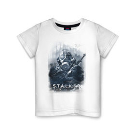 Детская футболка хлопок с принтом STALKER в Тюмени, 100% хлопок | круглый вырез горловины, полуприлегающий силуэт, длина до линии бедер | shooter | stalker | постапокалиптические | припять | радиация | сталкер | чернобыль | шутер