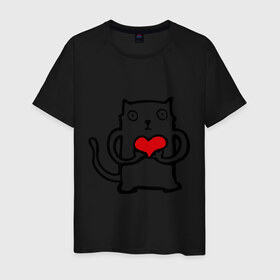 Мужская футболка хлопок с принтом Влюбенный котик в Тюмени, 100% хлопок | прямой крой, круглый вырез горловины, длина до линии бедер, слегка спущенное плечо. | 14 febrary | 14 февраля | cat | heart | love | saint valentines day | влюбленные | влюбленным | день святого валентина | кот | любовь | пара | подарок влюбленным | сердце