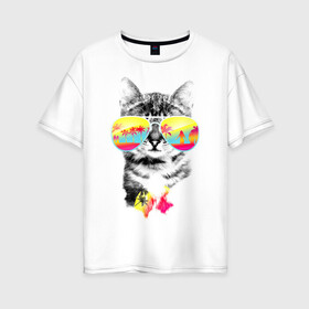 Женская футболка хлопок Oversize с принтом Солнечный кот в Тюмени, 100% хлопок | свободный крой, круглый ворот, спущенный рукав, длина до линии бедер
 | киска | кот | лето | отпуск | очки | пляж | солнечный кот | турист