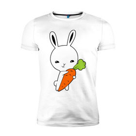 Мужская футболка премиум с принтом Зайчик с морковкой в Тюмени, 92% хлопок, 8% лайкра | приталенный силуэт, круглый вырез ворота, длина до линии бедра, короткий рукав | Тематика изображения на принте: животные | зайка | зайчик | зайчик с морковкой | морковка