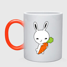 Кружка хамелеон с принтом Зайчик с морковкой в Тюмени, керамика | меняет цвет при нагревании, емкость 330 мл | Тематика изображения на принте: животные | зайка | зайчик | зайчик с морковкой | морковка