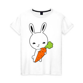 Женская футболка хлопок с принтом Зайчик с морковкой в Тюмени, 100% хлопок | прямой крой, круглый вырез горловины, длина до линии бедер, слегка спущенное плечо | животные | зайка | зайчик | зайчик с морковкой | морковка