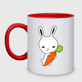 Кружка двухцветная с принтом Зайчик с морковкой в Тюмени, керамика | объем — 330 мл, диаметр — 80 мм. Цветная ручка и кайма сверху, в некоторых цветах — вся внутренняя часть | Тематика изображения на принте: животные | зайка | зайчик | зайчик с морковкой | морковка